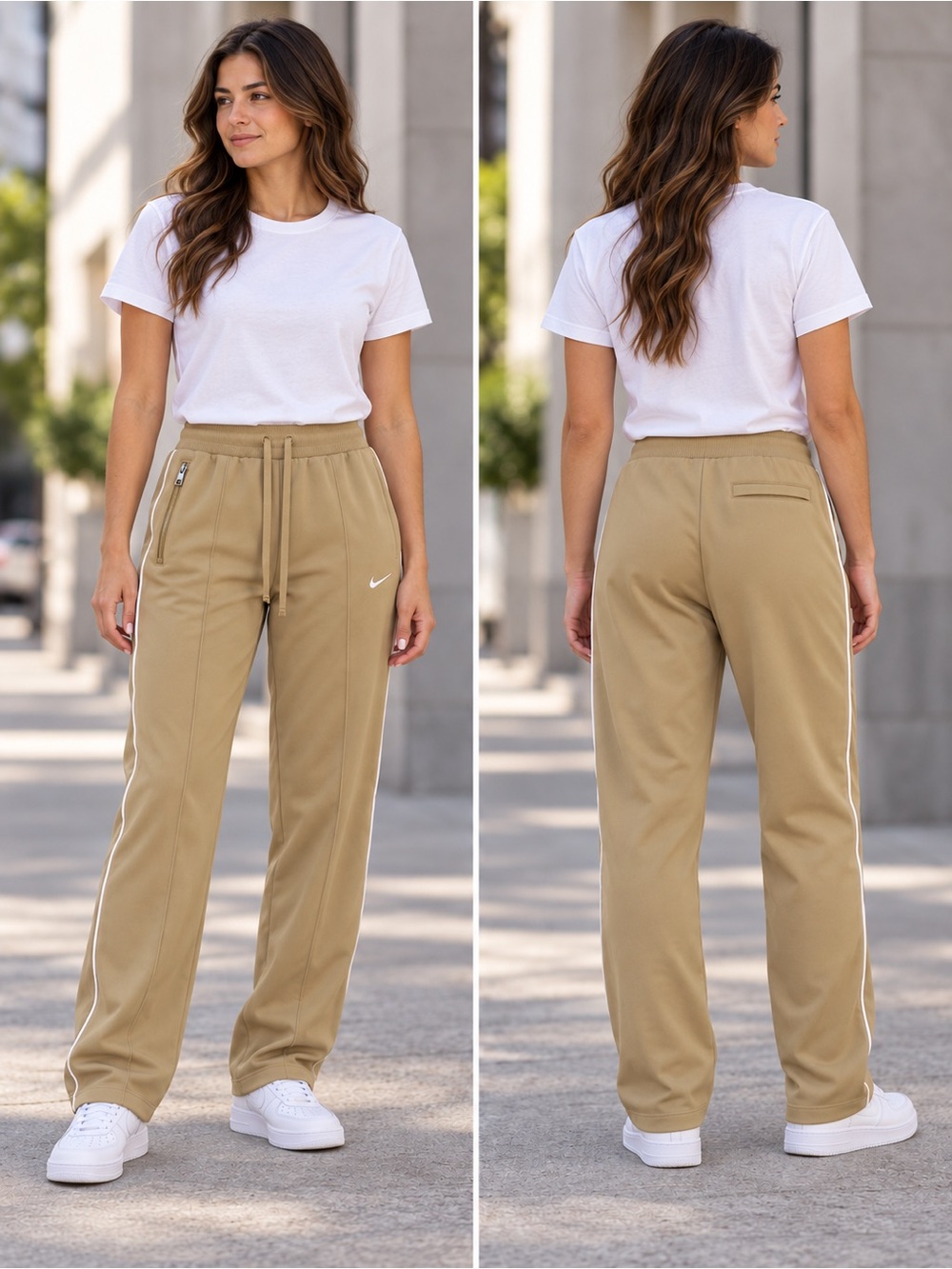 Nike Women’s Tan Track Pants with White Piping – Size Large